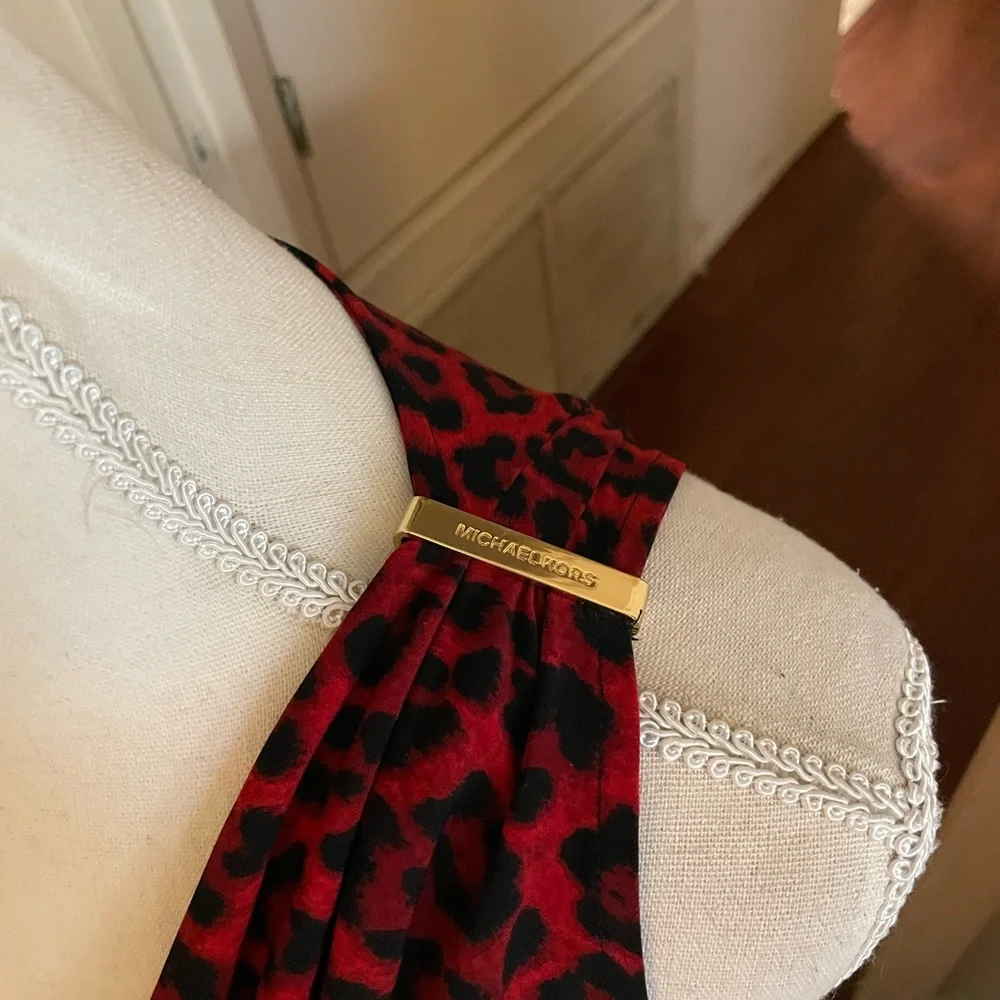 Michael Kors Red Black Animal Print tank top cowl neck SMALL gold bar sleeveless - Picture 3 of 16